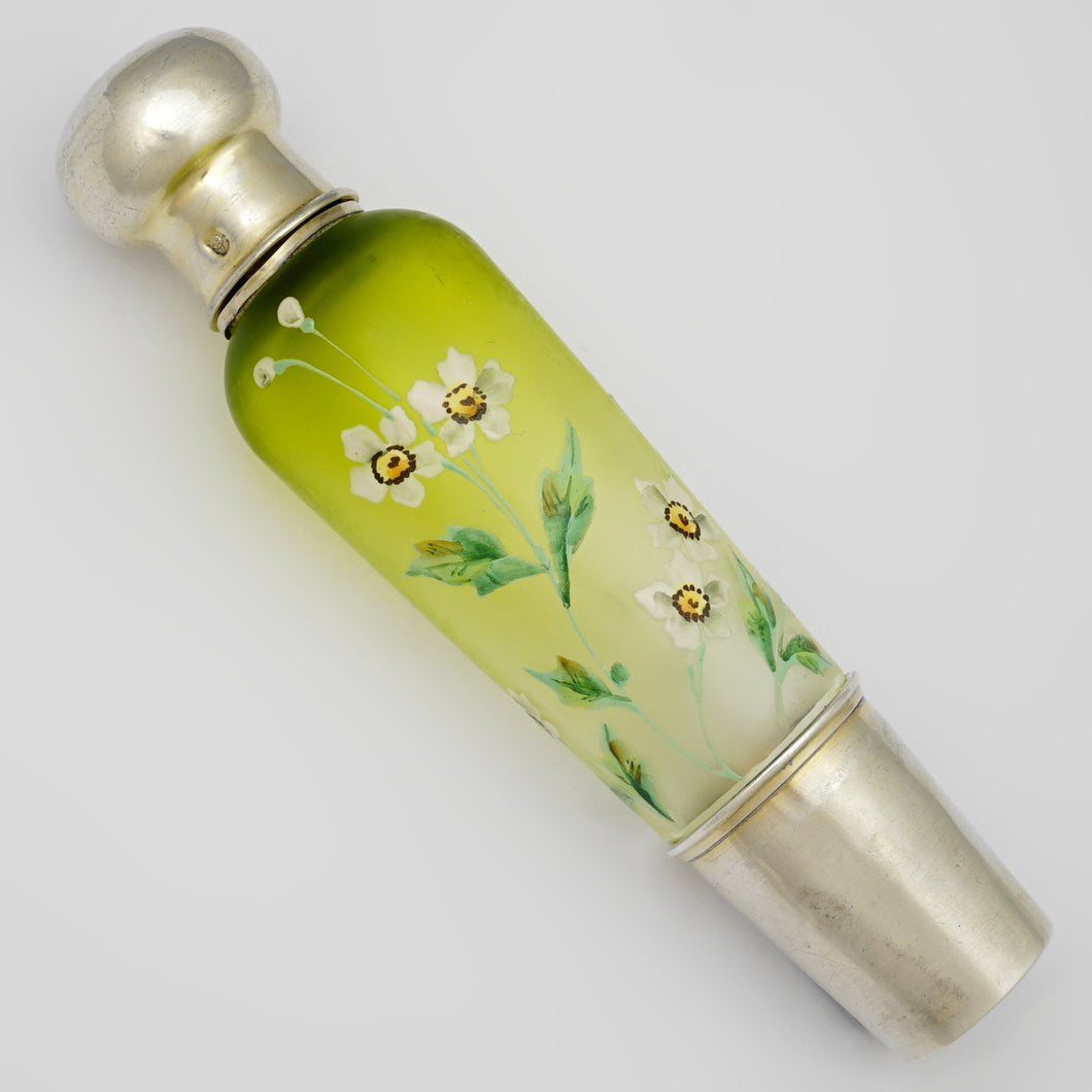 Antique French Sterling Silver Enamel & Green Colored Glass Traveling / Opera Liquor Flask, 'Spirits' Bottle