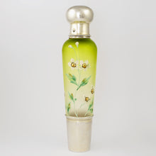 Load image into Gallery viewer, Antique French Sterling Silver Enamel &amp; Green Colored Glass Traveling / Opera Liquor Flask, &#39;Spirits&#39; Bottle
