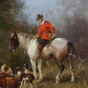 Julius Noerr (1827-1897) 19th Century Hunting Oil Painting Horse, Stag, Hound Dogs