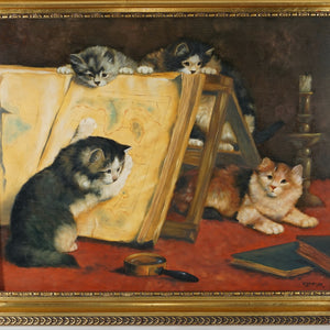 Portrait of Playful Kittens, Cats, Signed Gabor Kettinger Animal Genre Still Life Painting, Budapest Hungary