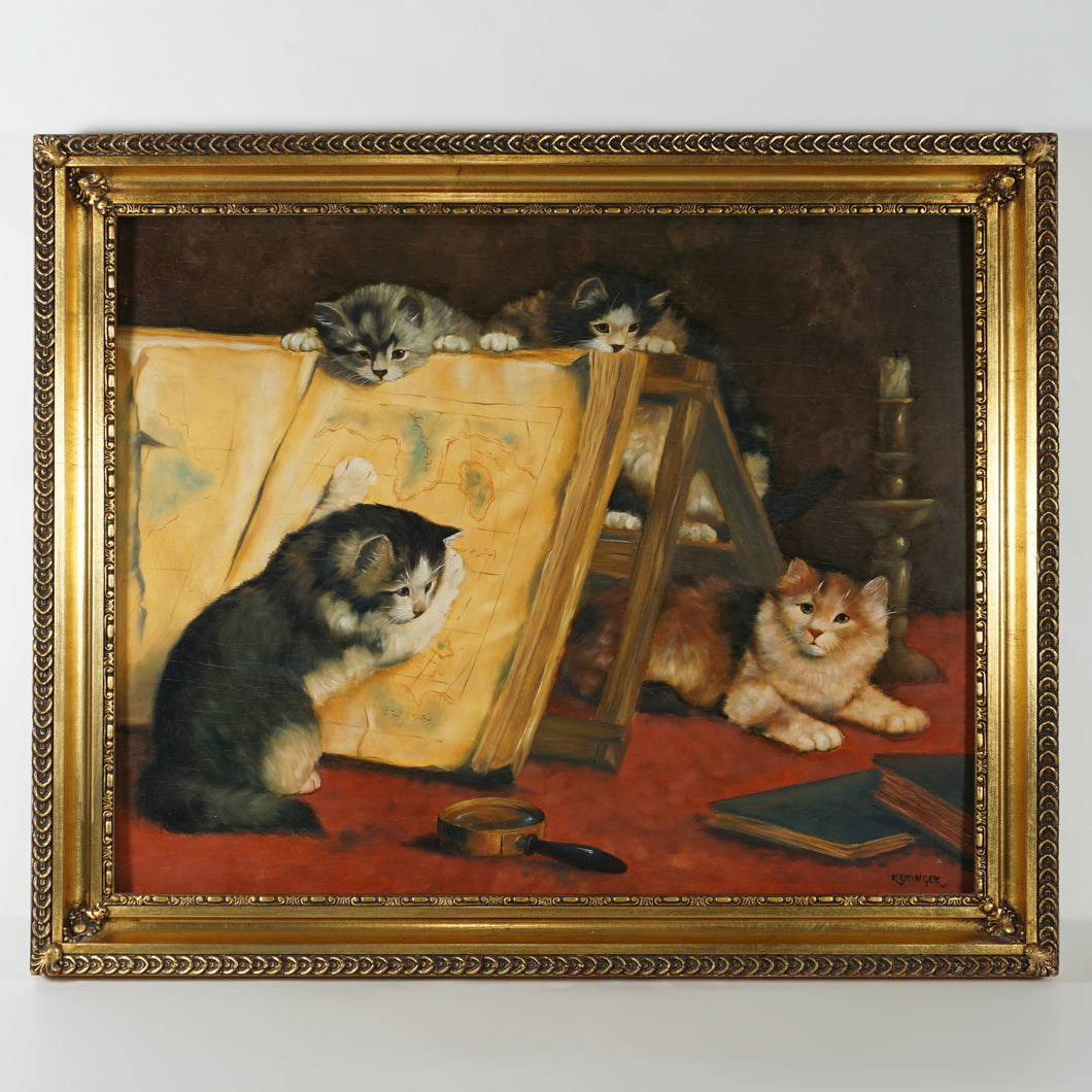 Portrait of Playful Kittens, Cats, Signed Gabor Kettinger Animal Genre Still Life Painting, Budapest Hungary