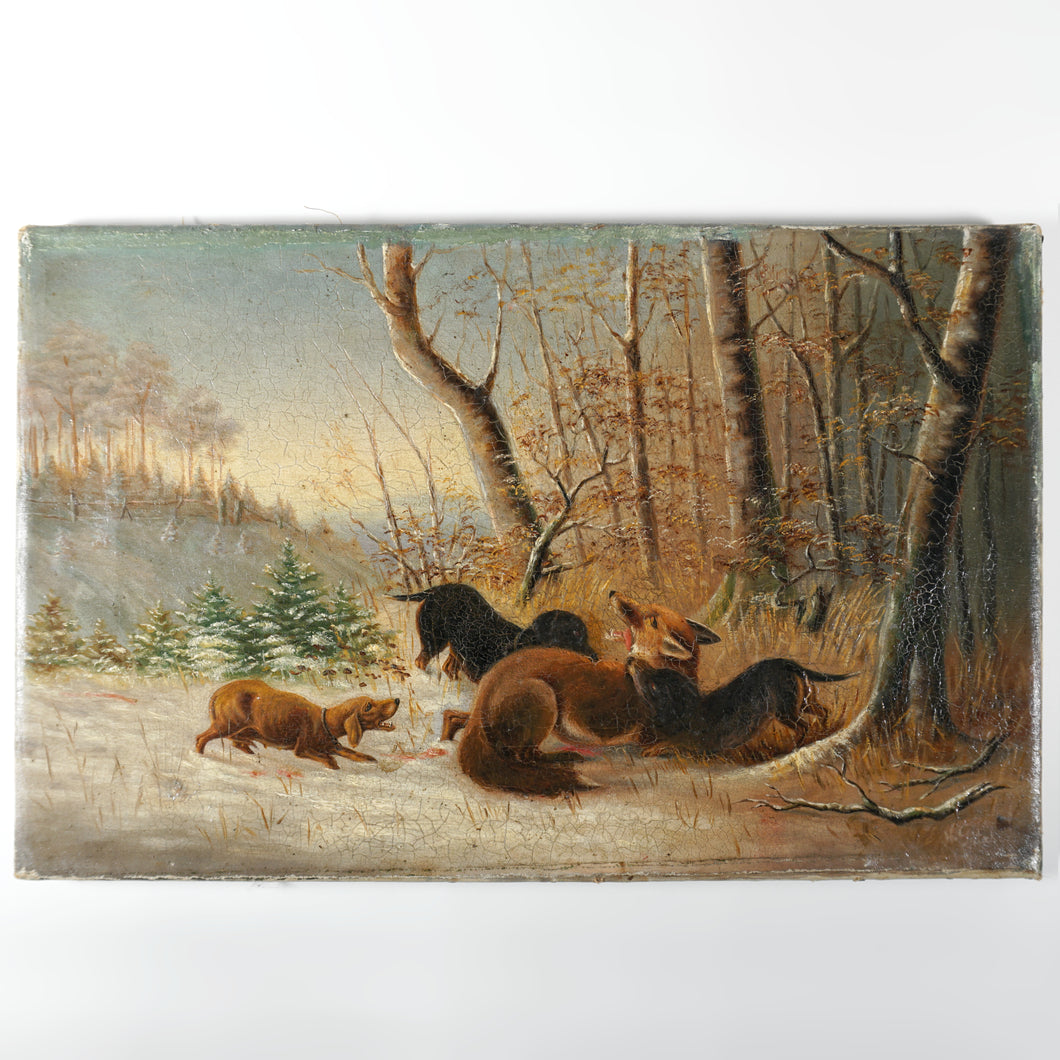 Antique German Dachshund Dogs & Fox in the Snow Hunting Landscape Scene Signed Painting