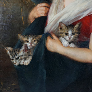 Portrait of a Girl & Kittens, German Oil Painting Signed Karl August Schlegel (1892 - 1960)