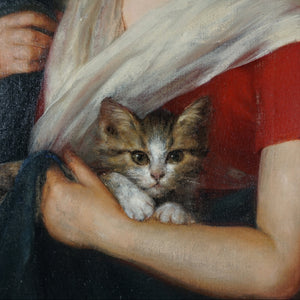 Portrait of a Girl & Kittens, German Oil Painting Signed Karl August Schlegel (1892 - 1960)
