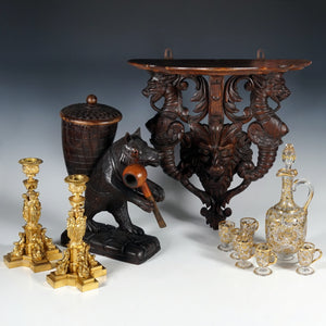 The Antique Boutique - Moser glass, Carved Wood Shelf, Black Forest Bear, French bronze Candle holders