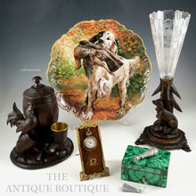 Load image into Gallery viewer, Antique Black Forest Hand Carved Wood Figural Dog Epergne Trumpet Vase Bohemian Hunting Theme Engraved Intaglio Glass
