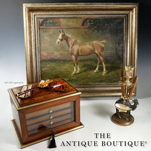 Antique French Burl Wood & Brass Inlaid Cigar Caddy Box, Beveled Glass Door Front, Presenter Cabinet, Chest, Lock & Key