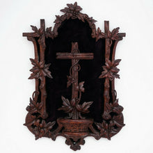 Load image into Gallery viewer, Antique Black Forest Hand Carved Wood Holy Water Font, Stoup Religious Cross
