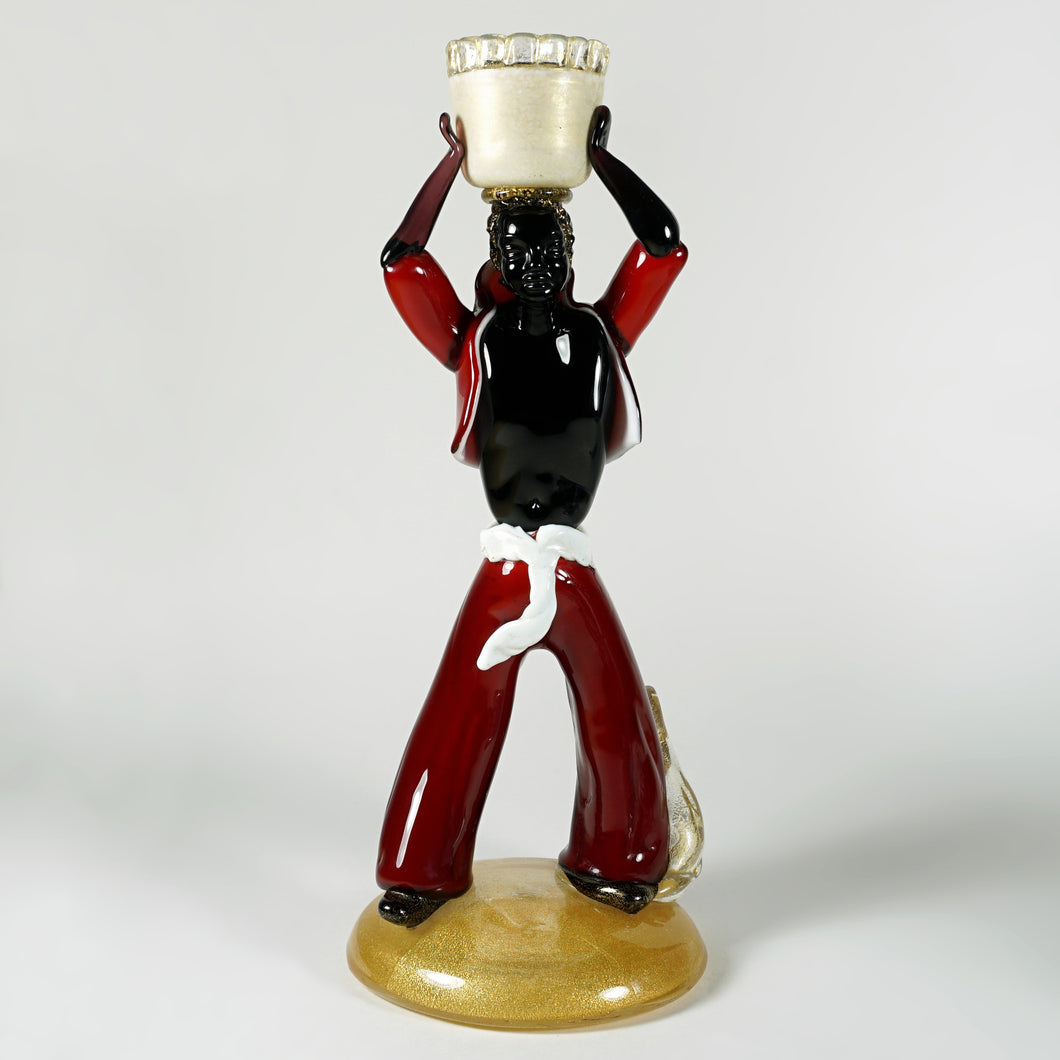 Italian Venetian Murano Glass Sculpture Figure Candleholder, IVR Mazzega, Red, Lattimo & Gold Aventurine Flecks