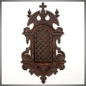 Antique 19thc Carved Wood Religious Altar Niche Wall Hanging, Lattice Door Front