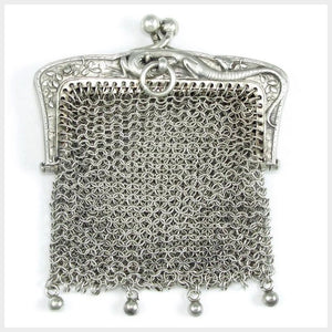Antique French .800 Silver Chain Mail Mesh Lady's Chatelaine Purse, Figural Lizard Handle