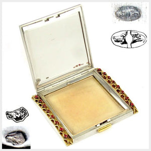 Antique French 18K Yellow Gold & Silver Ruby Jeweled Lady's Purse Compact Mirror