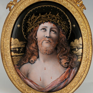 Antique French Limoges Enamel on Copper Miniature Portrait Plaque Painting of Jesus Christ, Gilt Bronze Frame
