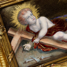 Load image into Gallery viewer, Antique French Limoges Enamel Copper Jesus Portrait Religious Plaque Gilt Frame
