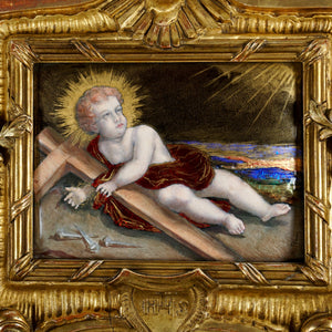 Antique French Limoges Enamel Copper Jesus Portrait Religious Plaque Gilt Frame