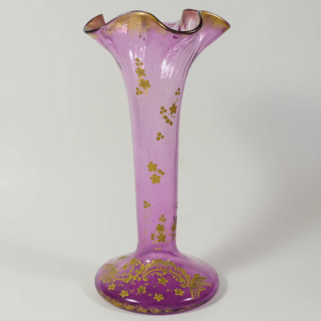 Antique Art Nouveau French Legras Glass Gold Enamel Ruffled Vase