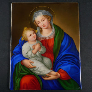 Antique German Porcelain Plaque Hand Painted Madonna & Child Religious Scene Miniature Portrait