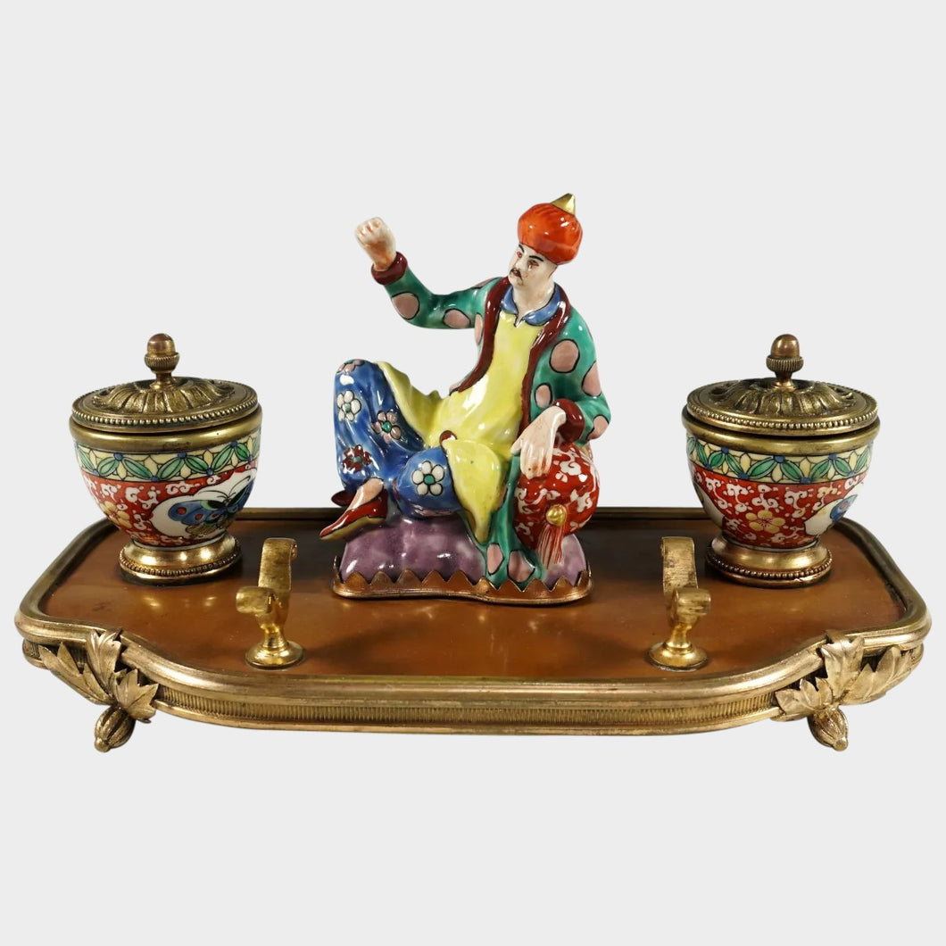 Antique French Chinoiserie Lacquer Wood & Porcelain Figurine Gilt Bronze Inkwell