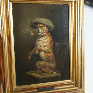 Antique German Portrait of a Dog Smoking a Pipe Oil Painting Albert WAGNER (1816-1867)