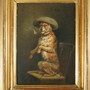 Antique German Portrait of a Dog Smoking a Pipe Oil Painting Albert WAGNER (1816-1867)