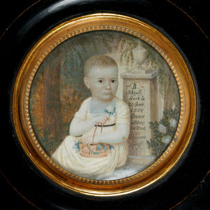 Antique sentimental miniature portrait painting of a baby