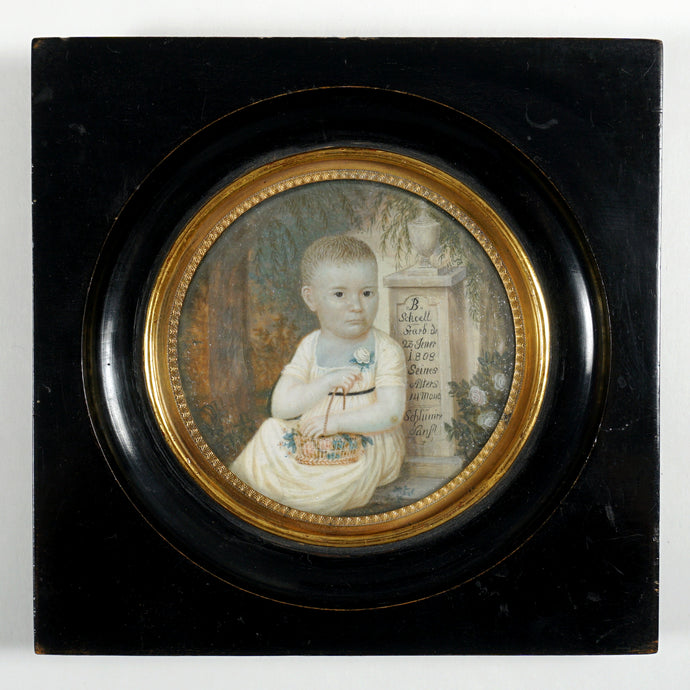 Antique miniature portrait painting of a child, mourning imagery