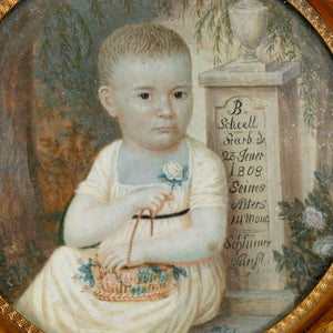 Sentimental mourning painting of a baby, dated 1808