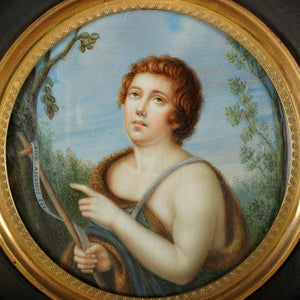 Antique French Miniature Portrait Painting, Saint Jean Baptiste Religious Scene