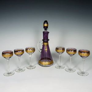 Antique Bohemian Raised Gold Enamel Liquor Service, Purple Glass Decanter & Cordial Glasses Set