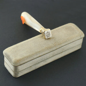 Antique French .800 Silver Wax Seal, Carved Coral & Mother of Pearl Handle, Original Box