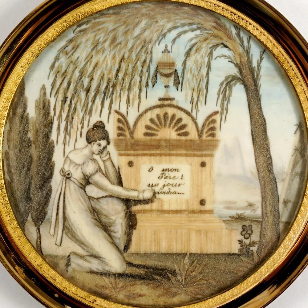 Antique Napoleon III era French Mourning Hair Art Memento Sentimental Miniature Portrait, Tomb, Weeping Willow, Daughter & Father