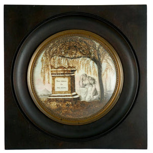 Antique 19thc Napoleon III era French Mourning Hair Art Memento Sentimental Miniature Portrait, Tomb, Weeping Willow