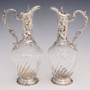 Pair antique French sterling silver & cut crystal claret jugs