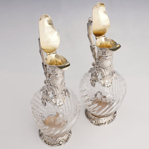Pair of French sterling silver & cut crystal wine decanters