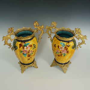 Pair Large Antique Aesthetic French Faience Baluster Vases, Yellow & Turquoise Glaze, Bronze Dragon Mounts
