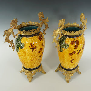 Pair Large Antique Aesthetic French Faience Baluster Vases, Yellow & Turquoise Glaze, Bronze Dragon Mounts