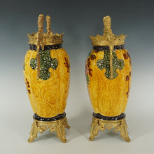 Load image into Gallery viewer, Pair Large Antique Aesthetic French Faience Baluster Vases, Yellow &amp; Turquoise Glaze, Bronze Dragon Mounts
