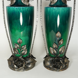 PAIR Large Art Deco French Paul Milet Sevres Ceramic Vases Green Flambe Glaze