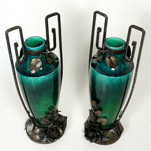 PAIR Large Art Deco French Paul Milet Sevres Ceramic Vases Green Flambe Glaze