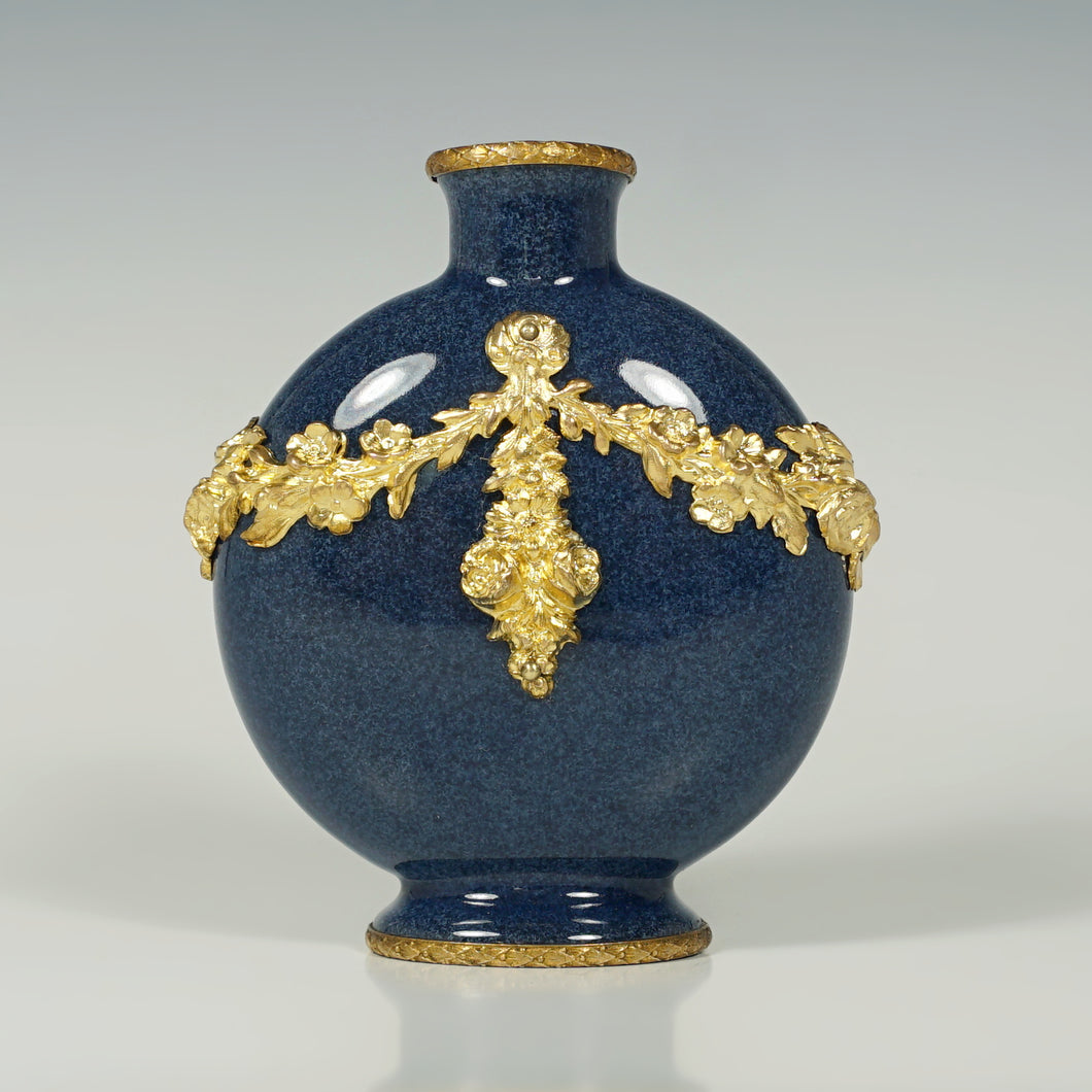 Antique French Paul Milet Sevres Ceramic Moon Vase Empire Gilt Ormolu Mounts Lapis Blue Color