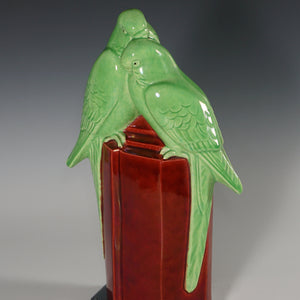 Art Deco French Paul Milet Sevres Ceramic Statue Love Birds Parakeets Figure Sang de Boeuf Ox Blood Red Flambe Glaze