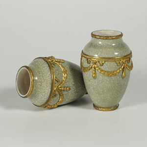 Pair Antique French Sevres Paul Milet Cabinet Ceramic Vases, Gilt Bronze Ormolu Mounts