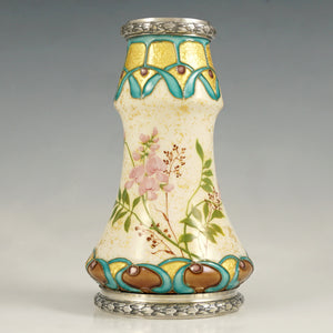 Art Nouveau French Silver Mounted Paul Milet Sevres Ceramic Vase Gold Leaf Foil