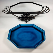Load image into Gallery viewer, Large French Sevres Paul Milet Ceramic Blue Glazed Centerpiece Bowl Tray, Ornate Wrought Iron Stand
