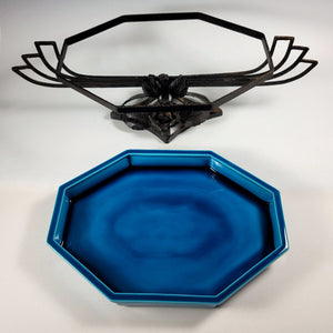 Large French Sevres Paul Milet Ceramic Blue Glazed Centerpiece Bowl Tray, Ornate Wrought Iron Stand