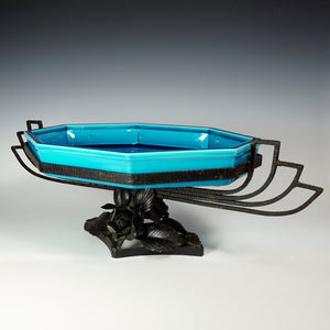 Large French Sevres Paul Milet Ceramic Blue Glazed Centerpiece Bowl Tray, Ornate Wrought Iron Stand