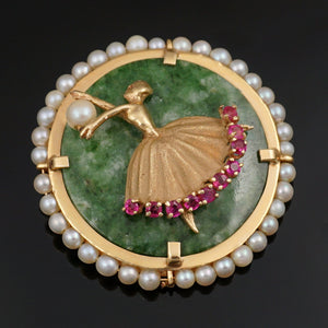 14K Gold Jade, Pearl & Natural Ruby Figural Brooch Pin, Ballerina Dancer