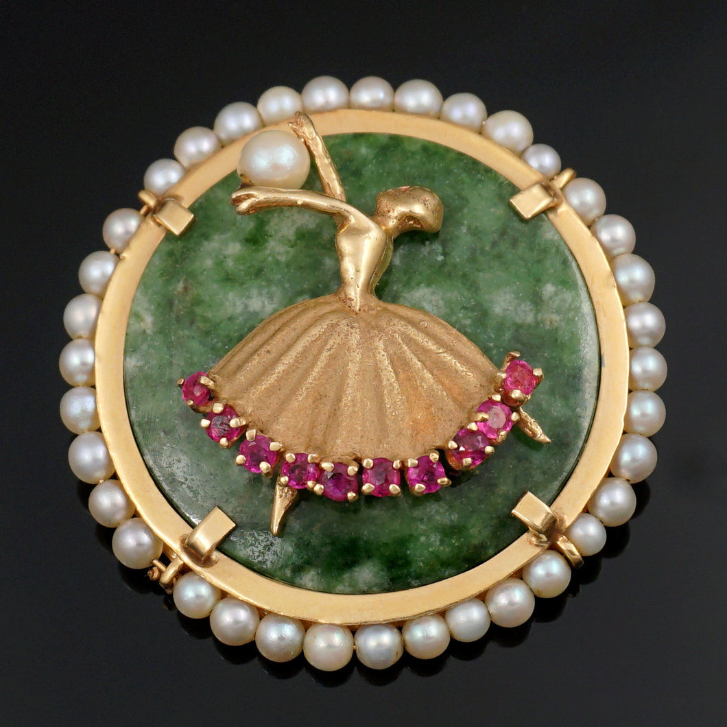 14K Gold Jade, Pearl & Natural Ruby Figural Brooch Pin, Ballerina Dancer