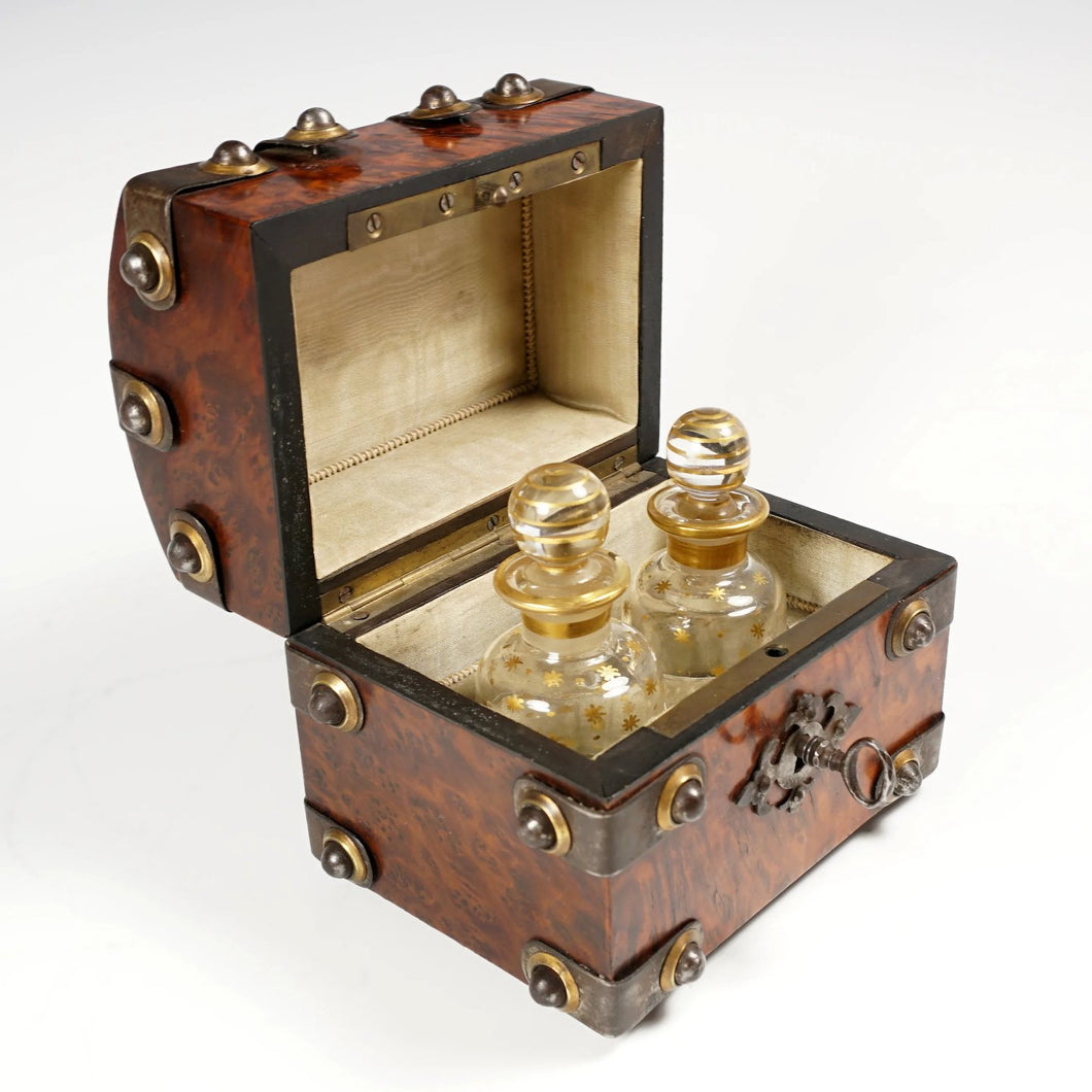 Antique French Perfume Caddy, Gothic Style Burl Wood Box, Glass Scent Bottles