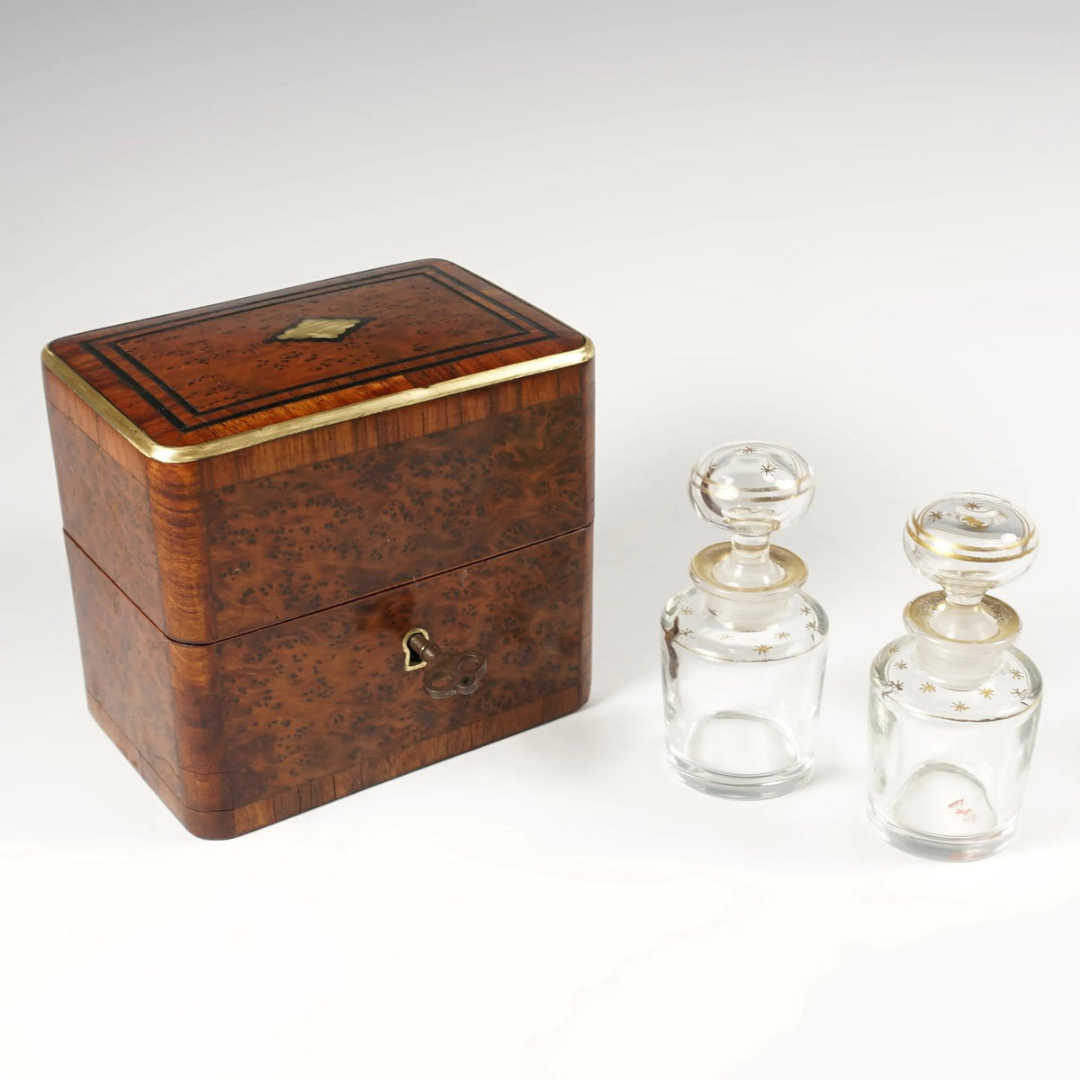 Antique Burl Wood Box With Chanel Perfume Bottles